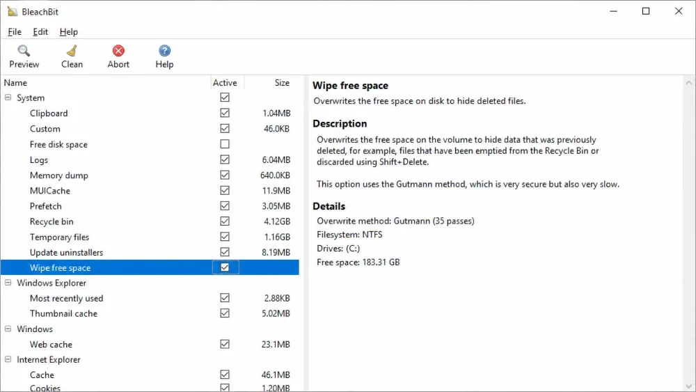 BleachBit's System section on Windows with the Wipe Free Space option checked before a secure overwrite that erases deleted-file traces.