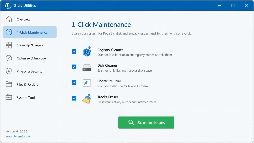 The Glary Utilities 1-Click Maintenance screen on Windows with checkboxes for Registry Cleaner, Disk Cleaner, Shortcuts Fixer, and Tracks Eraser above a Scan for Issues button.