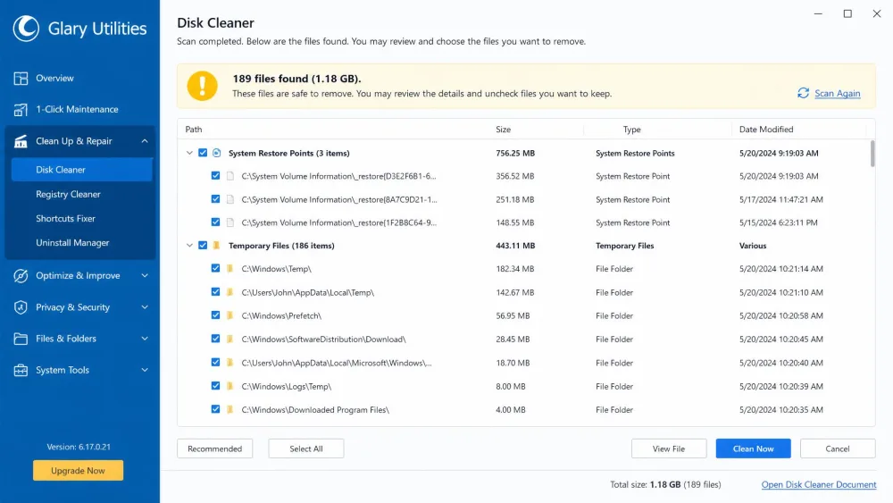The Glary Utilities Disk Cleaner results on Windows listing system restore point and temporary file entries selected for removal, worth reviewing before you clean.