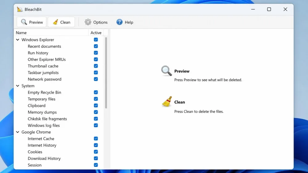 The BleachBit main window on Windows 11, showing the left-hand cleaner checklist with the Preview and Clean buttons on top.