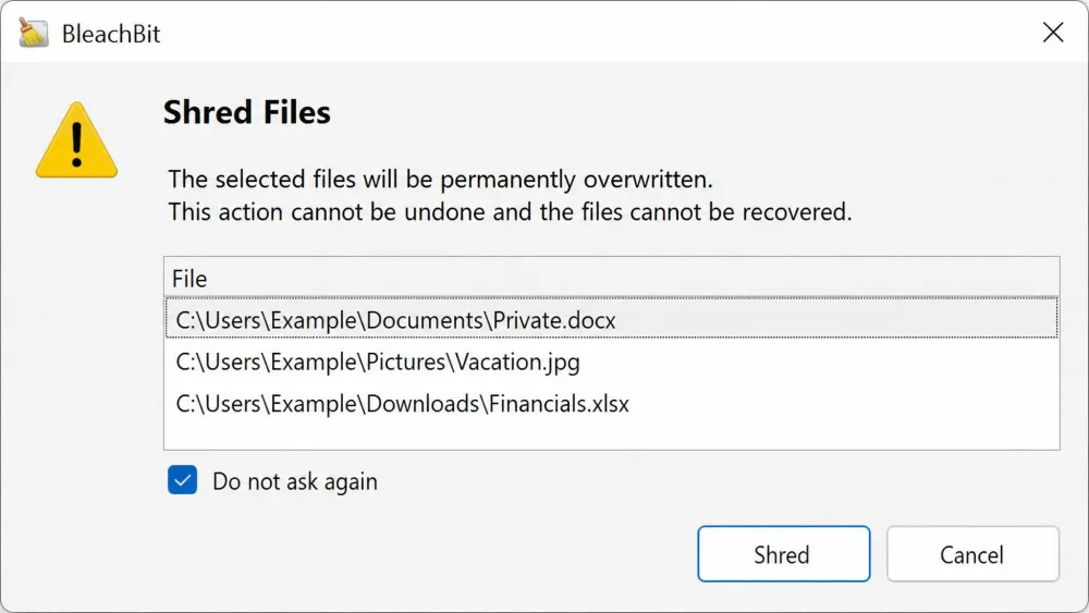 BleachBit's Shred Files dialog on Windows, warning that the selected files will be permanently overwritten and cannot be recovered.