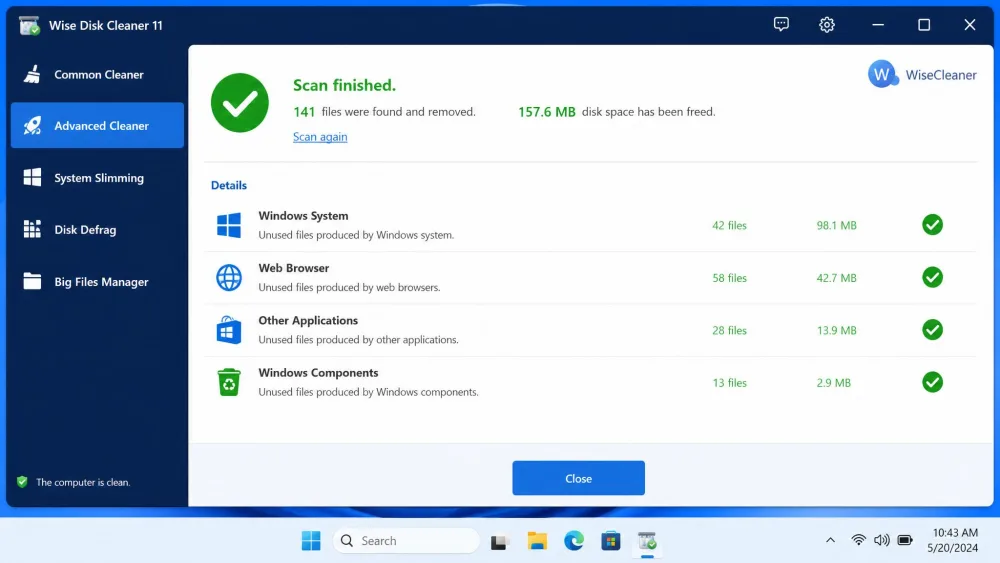 Wise Disk Cleaner's Advanced Cleaner results showing 141 files removed and 157.6 MB freed after a scan on Windows 11.