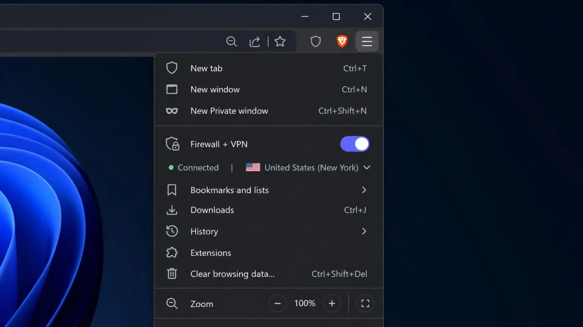 The Brave browser menu on Windows with the Firewall + VPN toggle switched on and the connected server region shown beneath it.