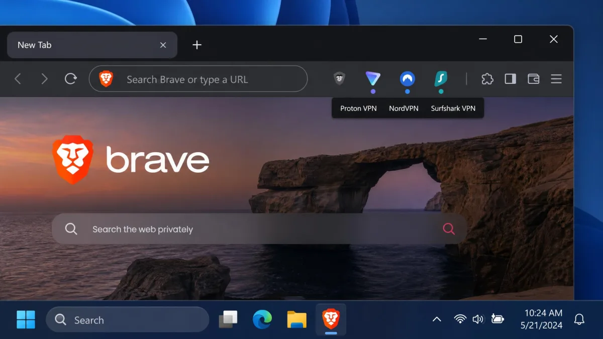 The Brave browser toolbar on a Windows desktop with several VPN extensions pinned, including Proton VPN, NordVPN and Surfshark.