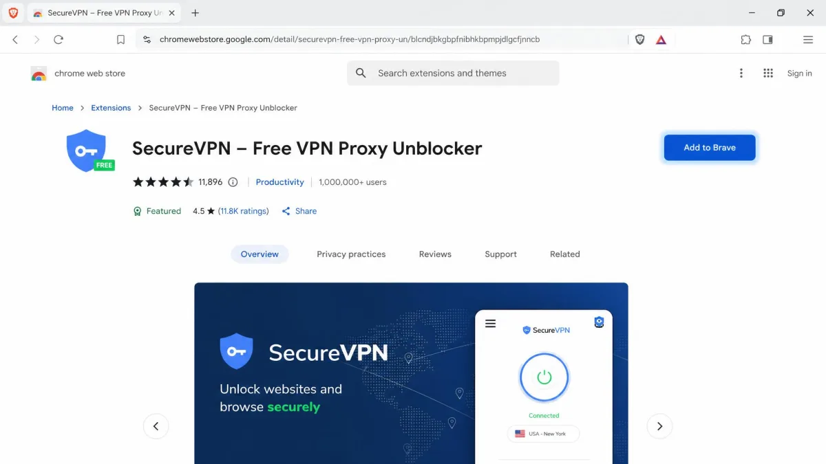 A VPN extension's Chrome Web Store page opened in Brave, with the blue Add to Brave button highlighted in the top right corner.