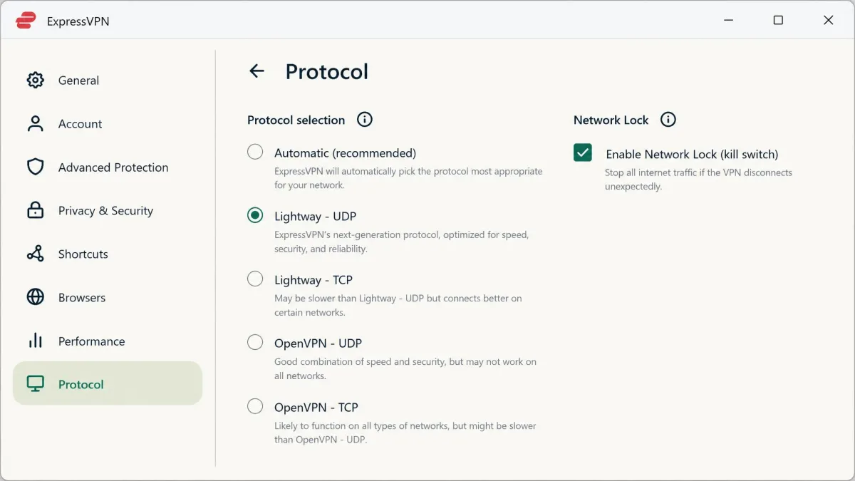 ExpressVPN's desktop protocol settings screen with Lightway selected manually instead of Automatic, next to the Network Lock kill switch option.