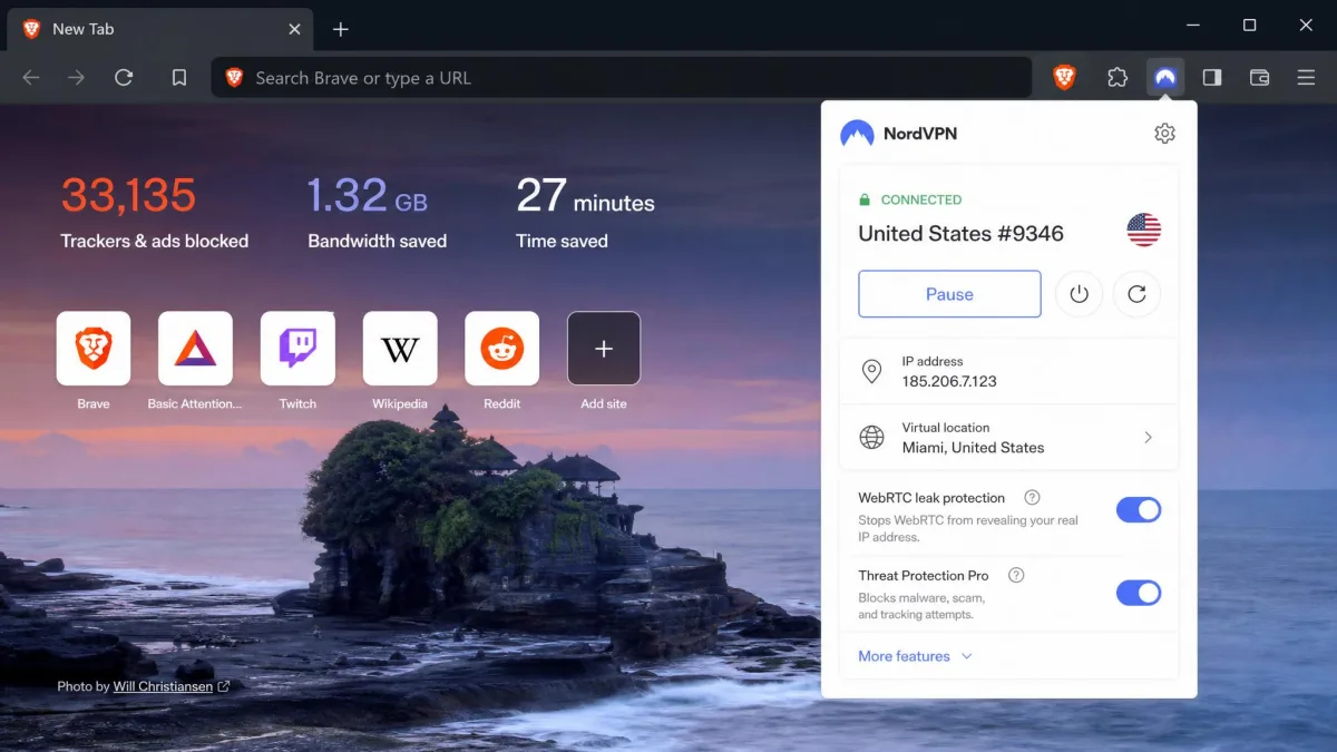 The NordVPN proxy extension open in the Brave browser toolbar, connected to a US server, with the WebRTC leak protection and Threat Protection Pro toggles visible.