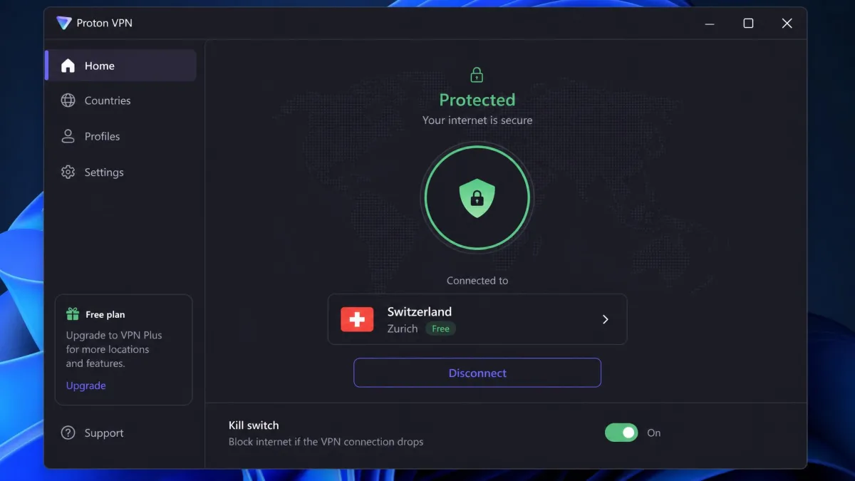 Proton VPN's free plan connect screen on Windows, showing an automatically chosen free server, the green protected status and the kill switch toggle.