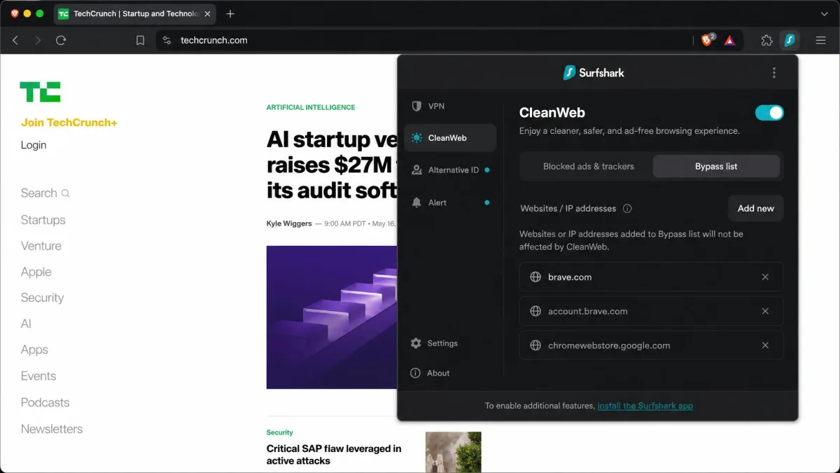 Surfshark's browser extension running in Brave without the desktop app, with CleanWeb ad blocking and the Bypass list settings open.