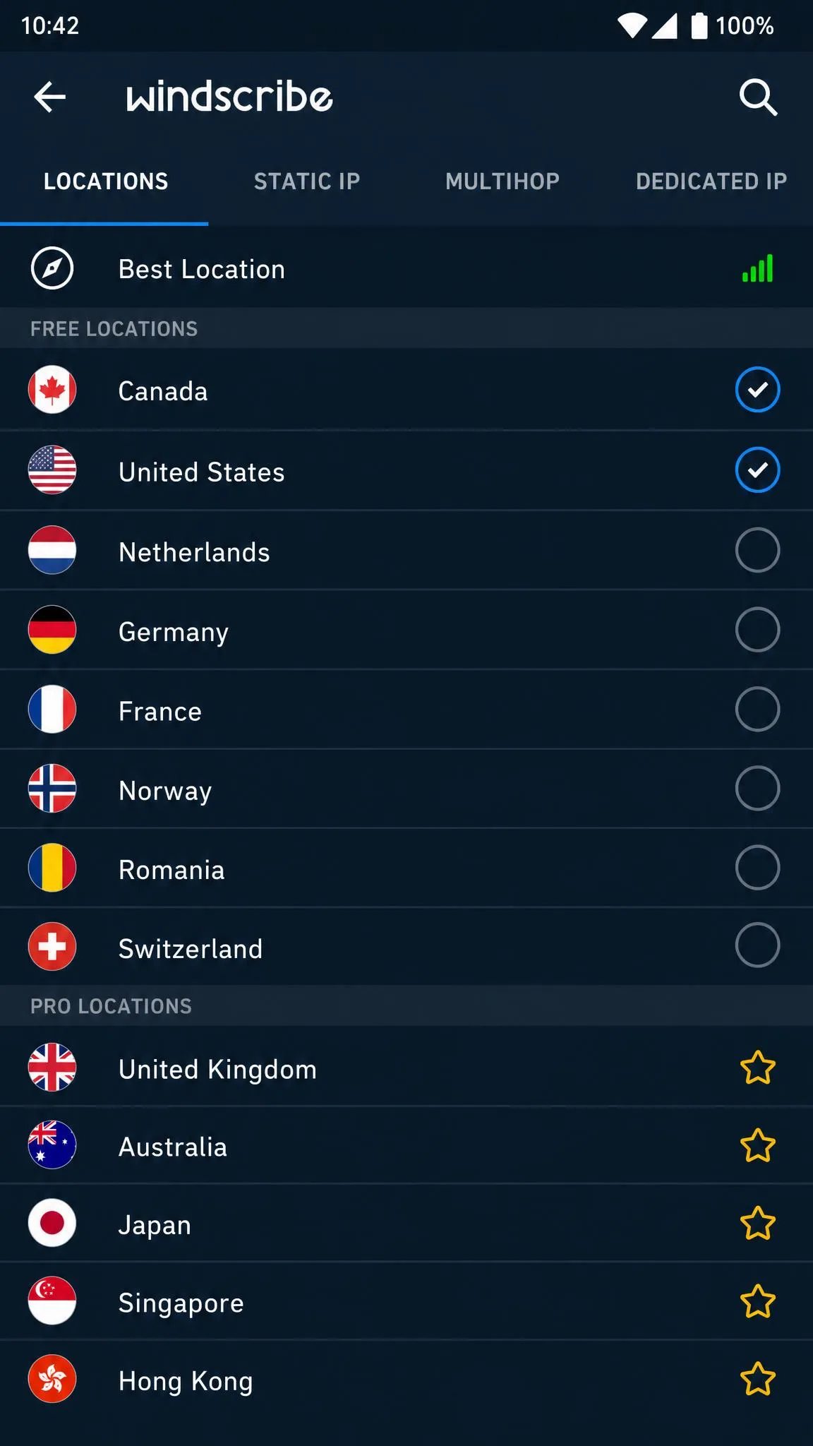 Windscribe's free plan location list on Android, with free locations selectable and Pro-only locations marked with a star.