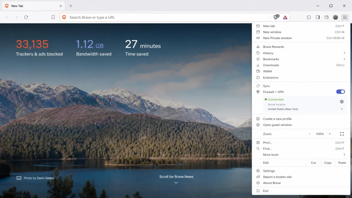 The Brave browser menu open on Windows showing the Firewall + VPN toggle switched on, with a connected status indicator and the active server region listed beneath it.