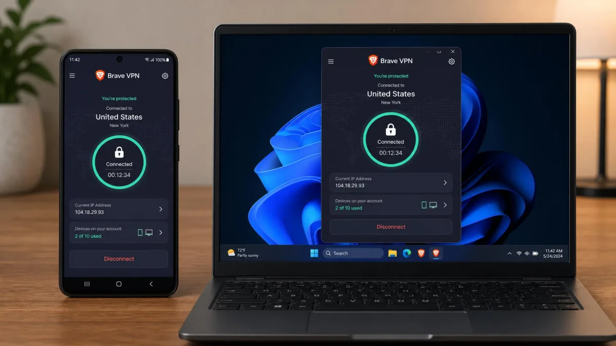 Brave VPN running side by side on an Android phone and a Windows laptop, both showing an active connection to the same account with a device-count indicator reading two of ten used.