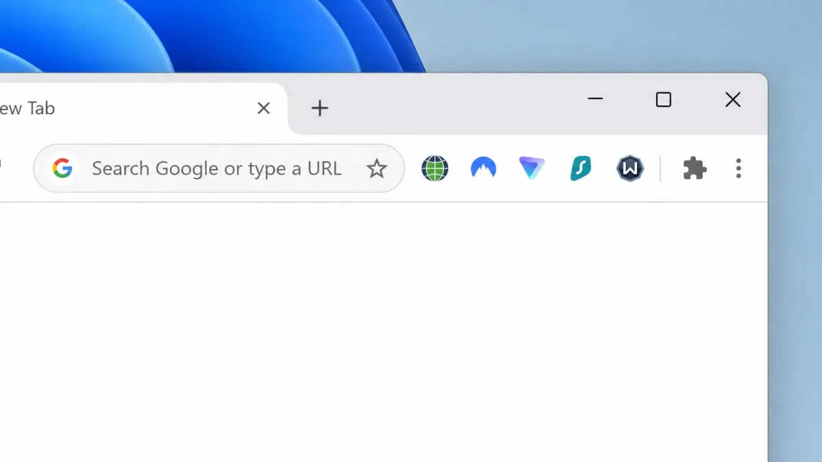 The Chrome toolbar on a Windows desktop with the Browsec, NordVPN, Proton VPN, Surfshark and Windscribe extensions pinned side by side.