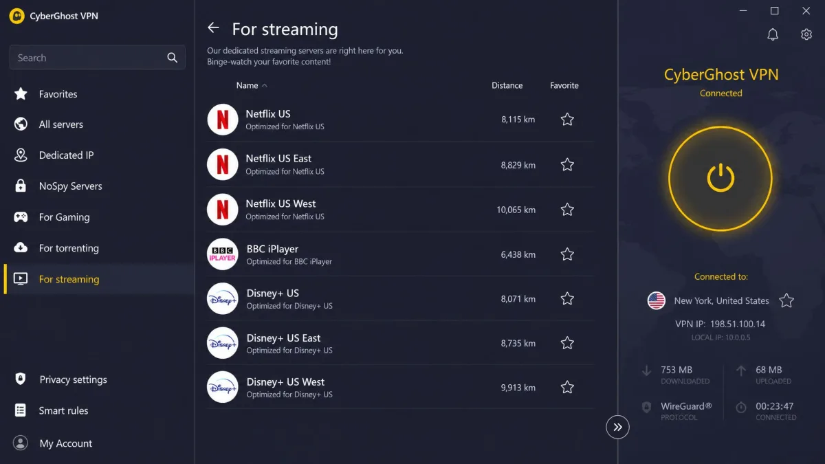 CyberGhost's Windows app showing the For streaming server list, with Netflix US, BBC iPlayer and Disney+ servers labeled by service name.