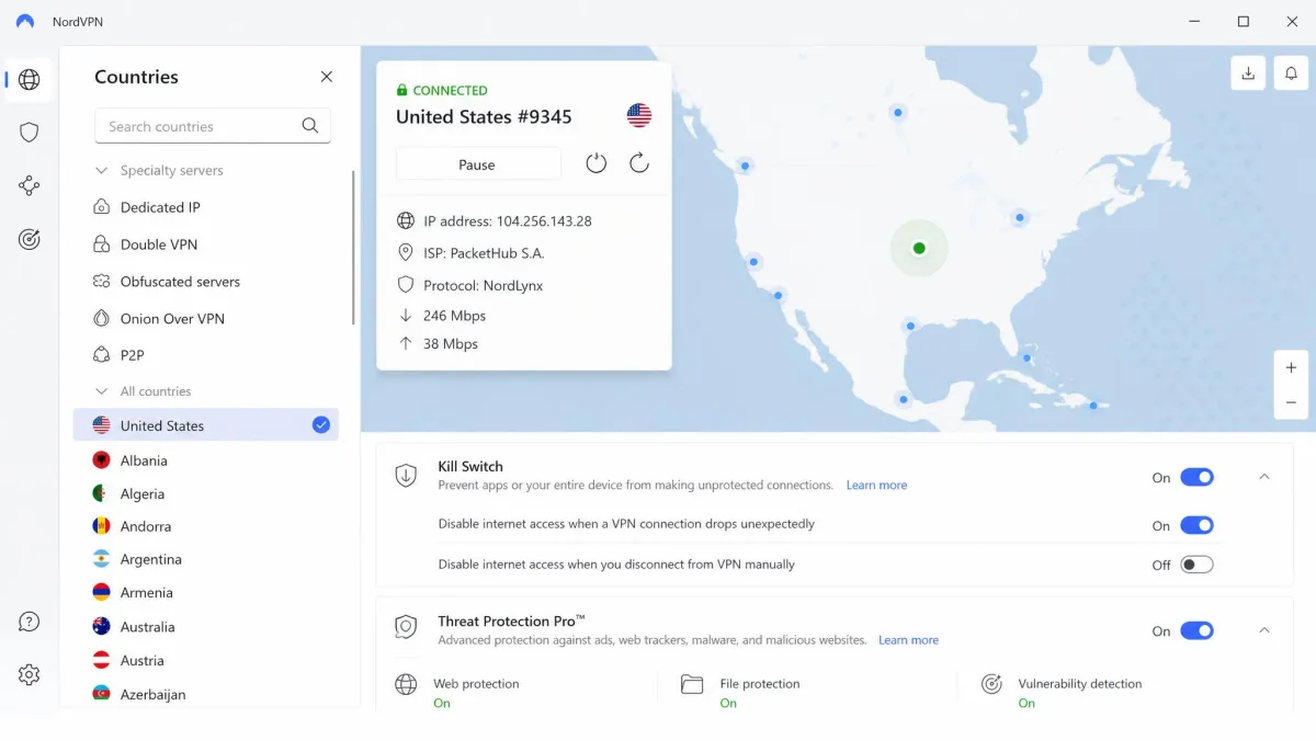 The NordVPN Windows app connected to a US server, with the country list view open on the left and the kill switch and Threat Protection Pro settings visible.