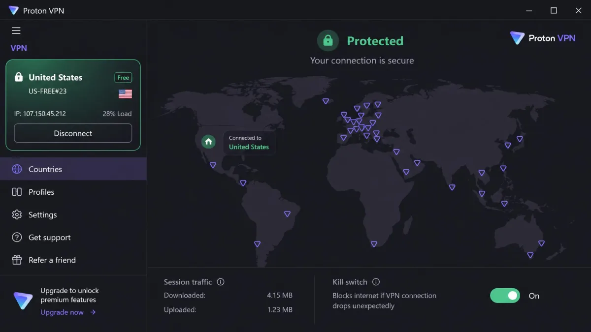 Proton VPN's free plan on Windows showing an automatically chosen free server, the green protected status and the kill switch toggle switched on.
