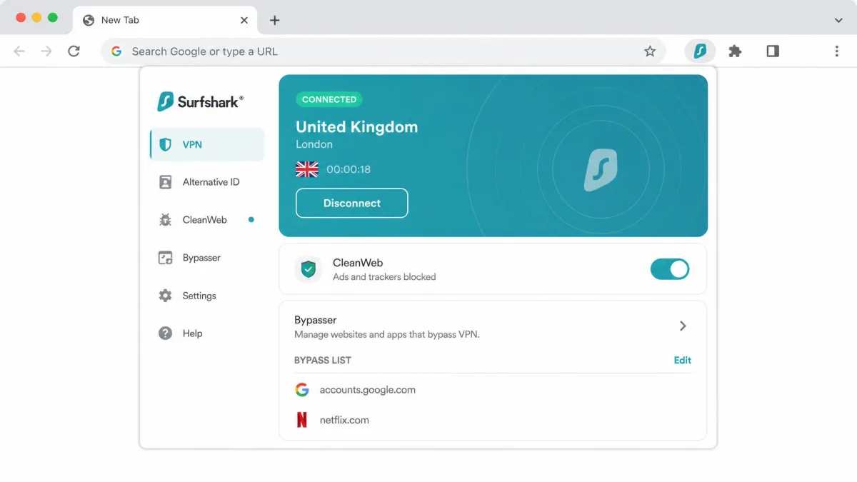 The Surfshark Chrome extension connected to a UK server, with the CleanWeb ad blocker switched on and the Bypass list showing two excluded websites.