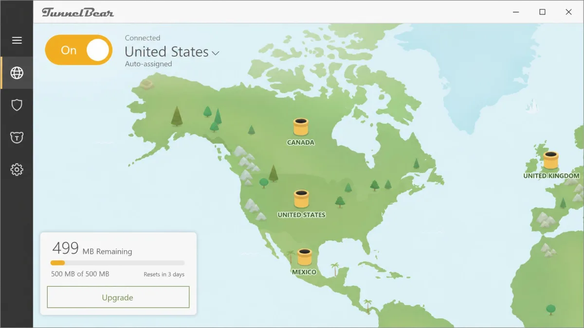 TunnelBear's map-based Windows app on the free plan, showing an automatically assigned location and the remaining monthly data counter in the corner.