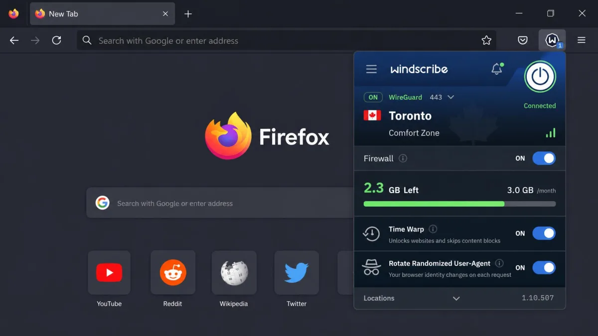 The Windscribe Firefox extension open with a free server connected, showing the remaining monthly data allowance and the Time Warp and user-agent rotation toggles.