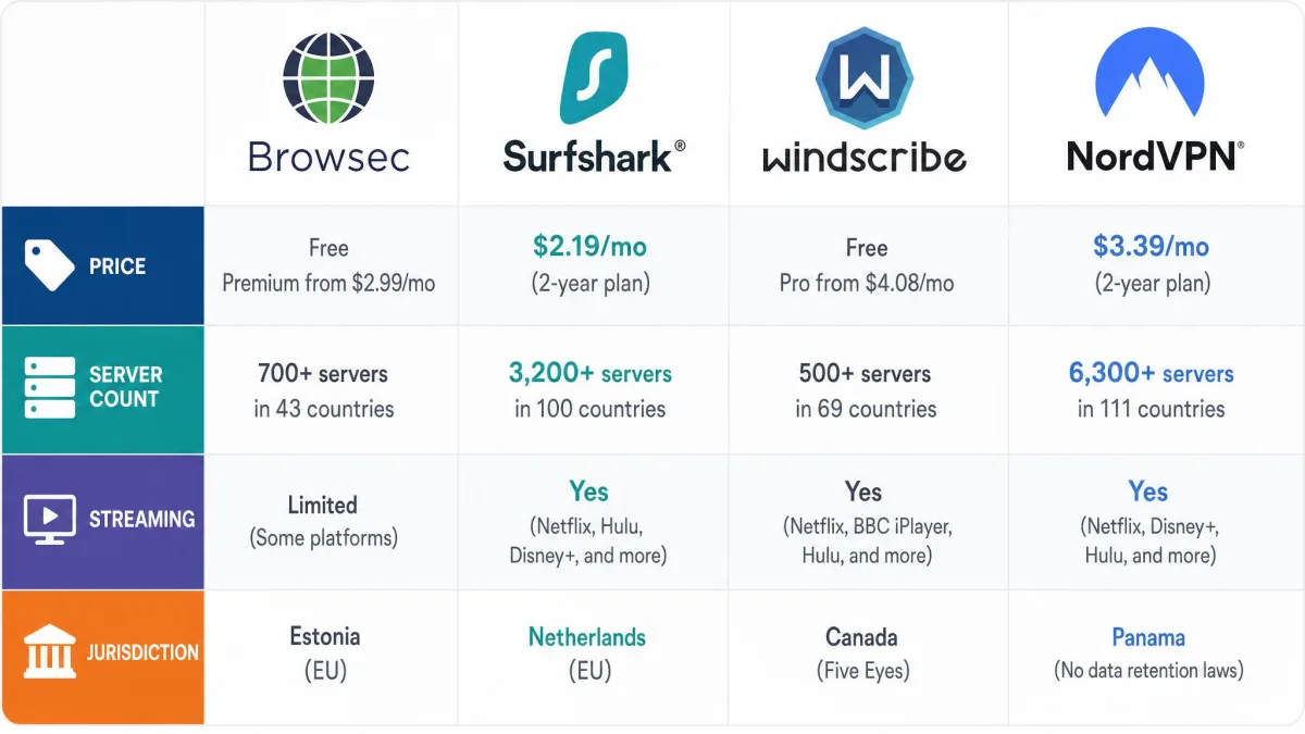A side-by-side comparison graphic showing the logos of Browsec, Surfshark, Windscribe, and NordVPN above columns for price, server count, streaming, and jurisdiction.