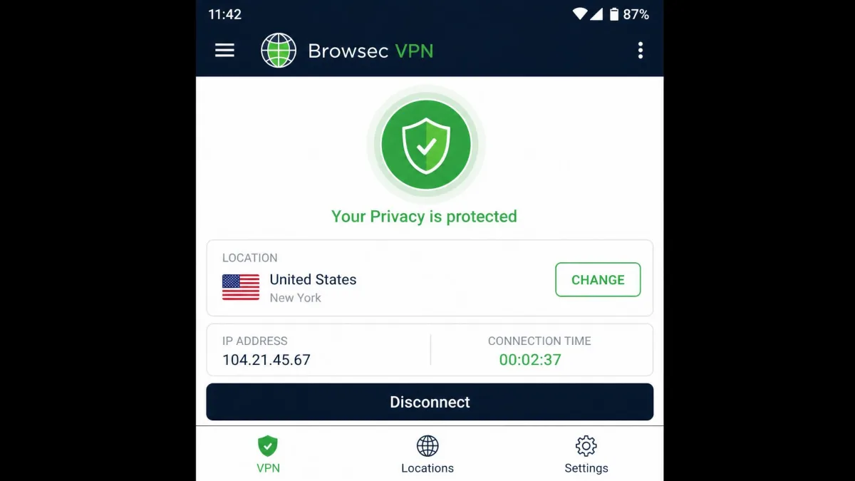 The Browsec VPN Android app showing a connected state with a green shield, the selected server country, and a connection timer running.