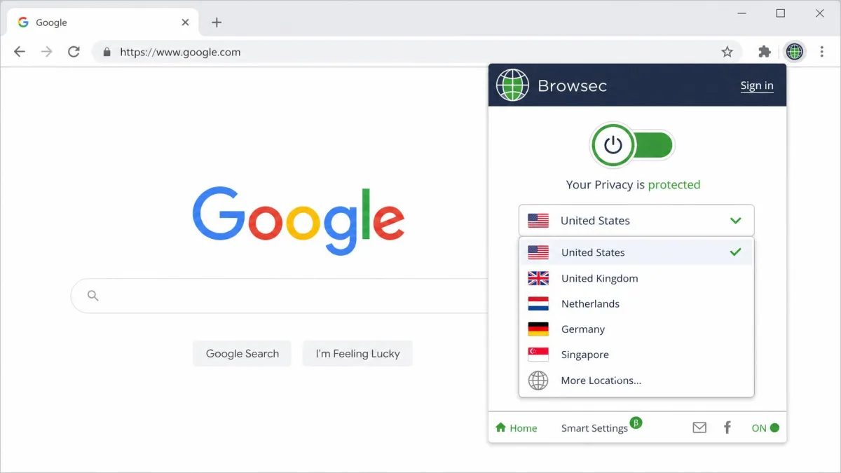 The Browsec VPN Chrome extension popup open in the top-right of a browser window, showing a large on/off toggle and a dropdown list of server locations with country flags.
