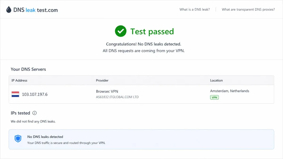 A DNS leak test results page showing only the Browsec VPN server's DNS address and no trace of the user's real ISP, confirming a passed leak test.