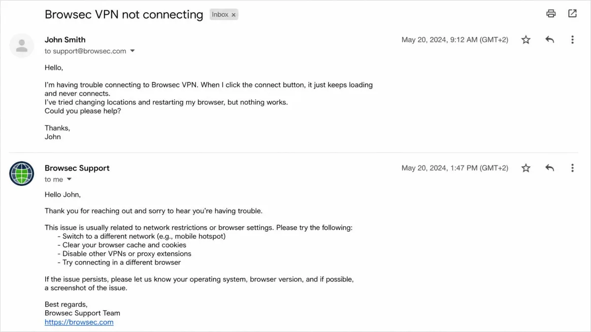 A support email thread from Browsec VPN showing a customer question and a reply timestamped a few hours later, with no live-chat widget on screen.
