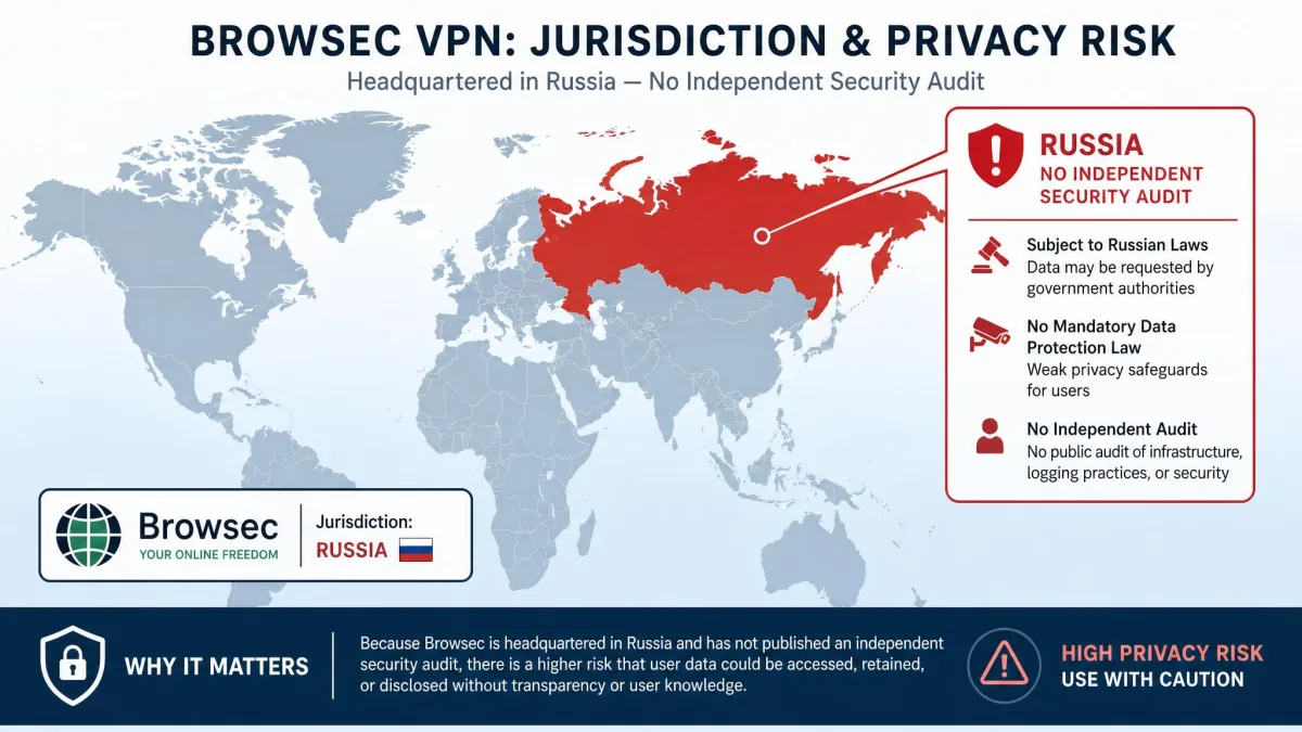 A world map graphic highlighting Russia with a callout noting no independent security audit, illustrating Browsec VPN's jurisdiction and privacy risk.