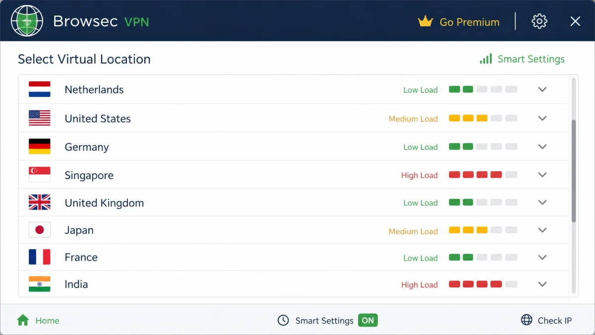 The Browsec VPN server selection screen showing a scrollable list of countries with flags and a load indicator bar next to each location.