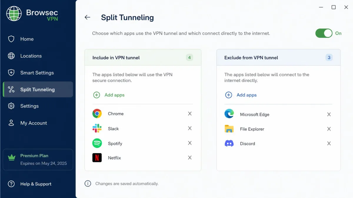 The Browsec VPN settings screen showing the split tunneling option toggled on with a list of apps included and excluded from the VPN tunnel.