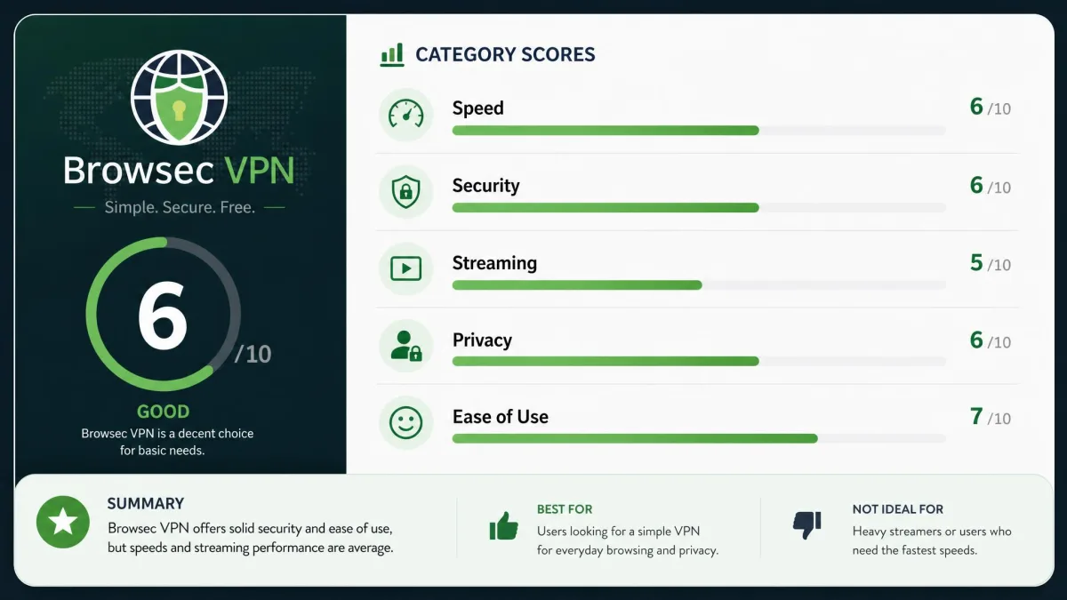 A scorecard graphic summarising Browsec VPN with a 6 out of 10 rating and category bars for speed, security, streaming, privacy, and ease of use.
