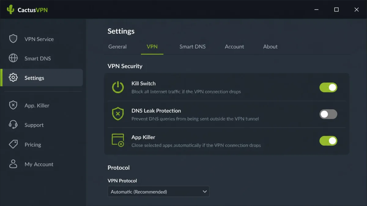 The CactusVPN Windows app settings screen with the DNS leak protection toggle in its default off position, next to the kill switch and App Killer options.