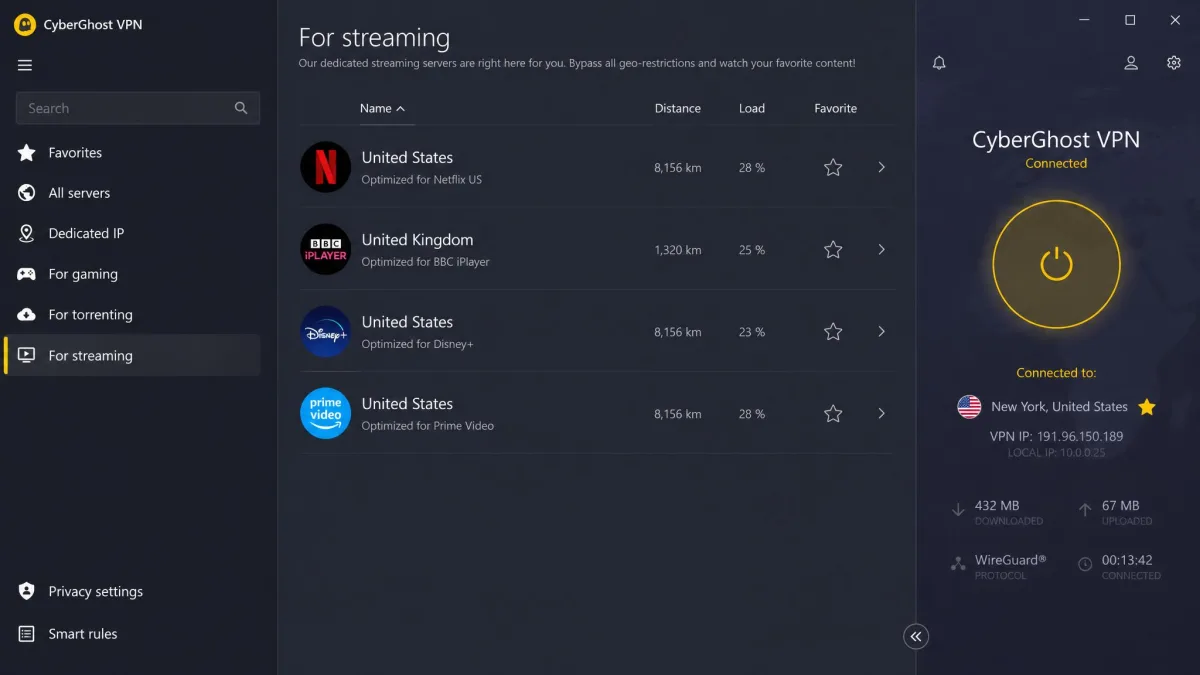 CyberGhost's Windows app showing the "For streaming" server tab, with servers labeled for Netflix US, BBC iPlayer, Disney+ and Prime Video.