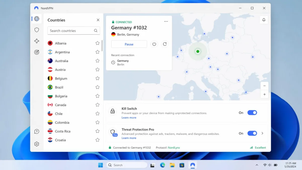 The NordVPN Windows app connected to a nearby server, with the country list view open on the left and the kill switch and Threat Protection Pro toggles visible in settings.