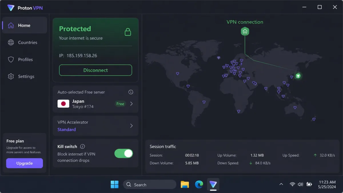 Proton VPN's free plan on Windows showing an automatically chosen free server, the green protected status and the kill switch toggle switched on.