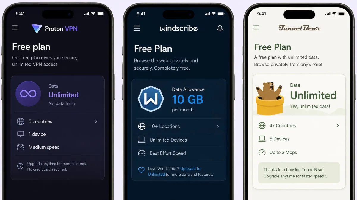 Three phone screens side by side showing the free plans of Proton VPN, Windscribe and TunnelBear, with each app's data allowance or unlimited-data label visible.