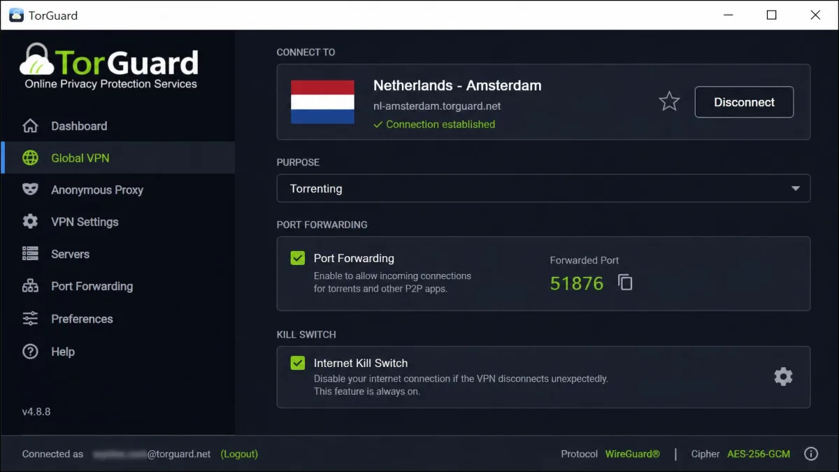 The TorGuard Windows client showing a non-US server selected for torrenting, with the port forwarding option and one of the two kill switch settings visible.