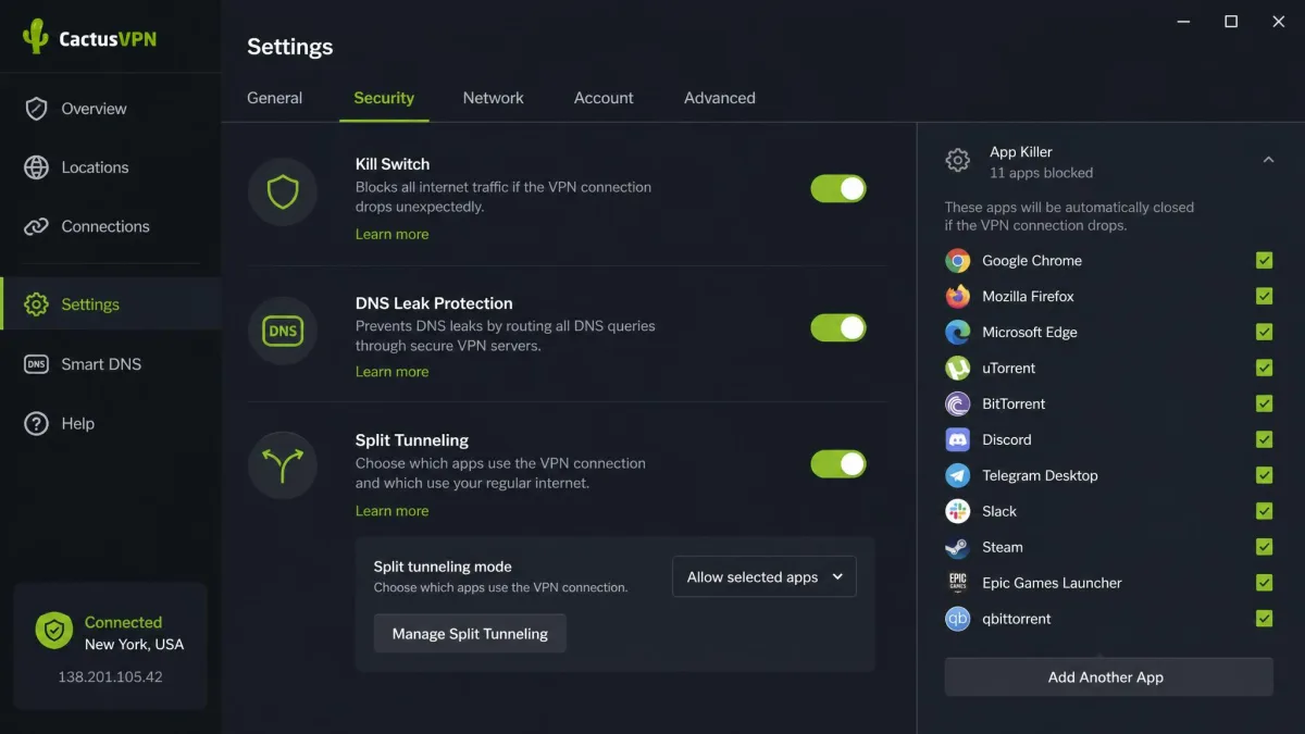 CactusVPN desktop app settings panel showing the kill switch, DNS leak protection and split tunneling toggles, with the app killer list expanded on the right side.