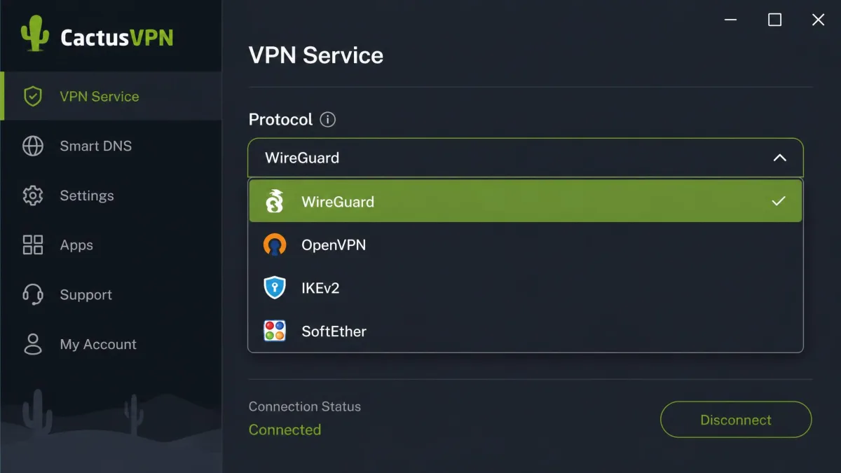 CactusVPN app protocol selection dropdown listing WireGuard, OpenVPN, IKEv2 and SoftEther options with WireGuard highlighted.