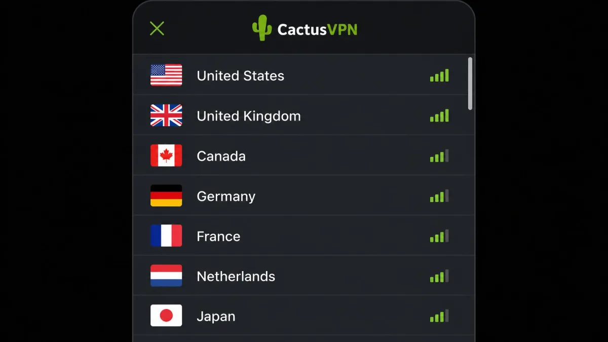 CactusVPN app server location list showing a short scrollable set of country entries with no search bar visible at the top.