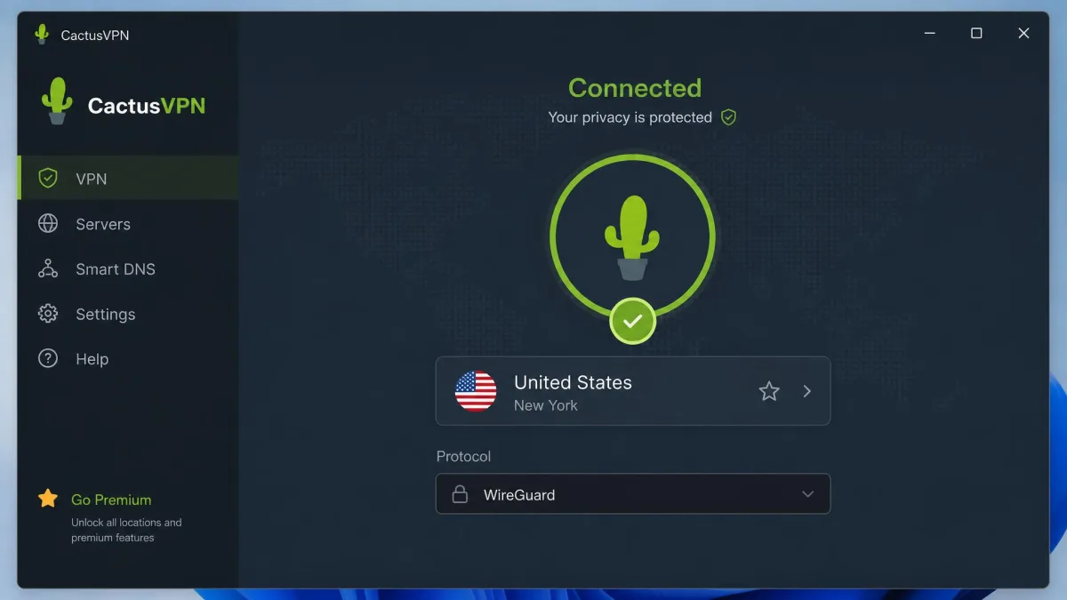 CactusVPN Windows app in its connected state showing the selected server location, connection status and protocol dropdown on the main screen.