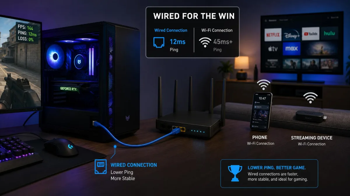 A gaming PC connected to a router by a blue Ethernet cable, with a phone and a streaming device on Wi-Fi in the background, illustrating a wired connection for lower ping.
