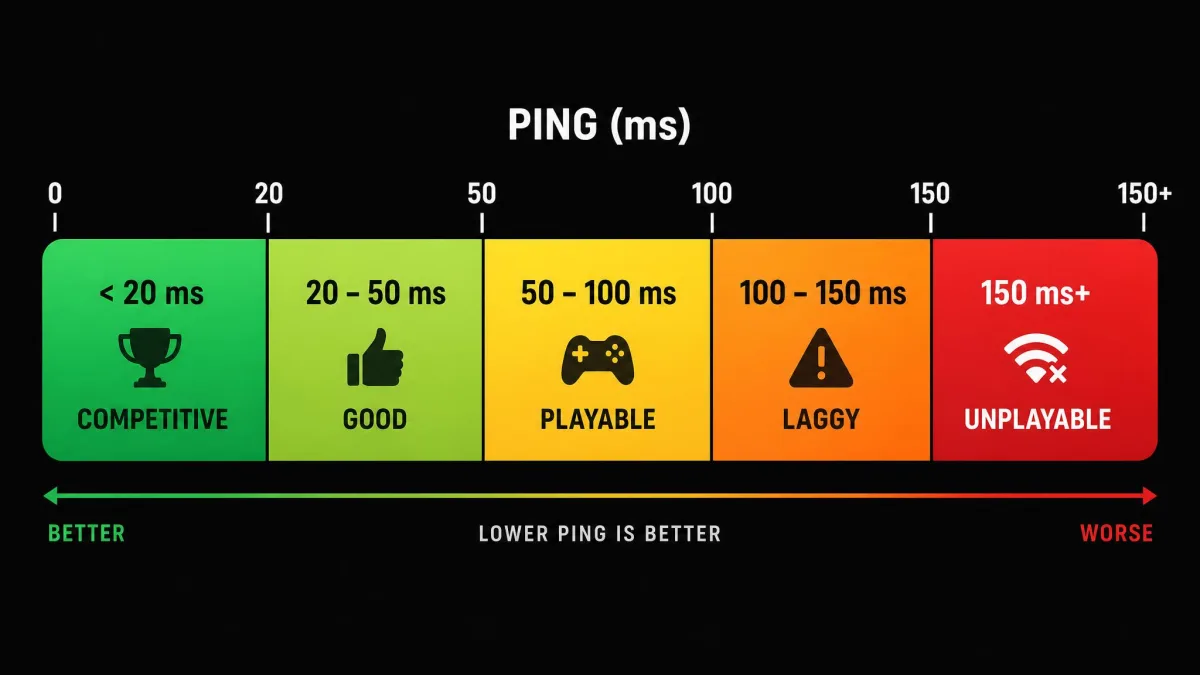 A horizontal scale showing ping ranges in milliseconds from under 20 ms (competitive) through 20-50 ms (good), 50-100 ms (playable), 100-150 ms (laggy), to 150 ms and above (unplayable), color-coded from green to red.