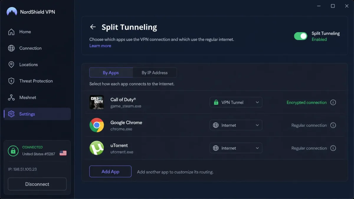 A VPN app settings screen with split tunneling enabled, showing a game client routed through the encrypted VPN connection while a browser and a download manager use the normal internet connection.