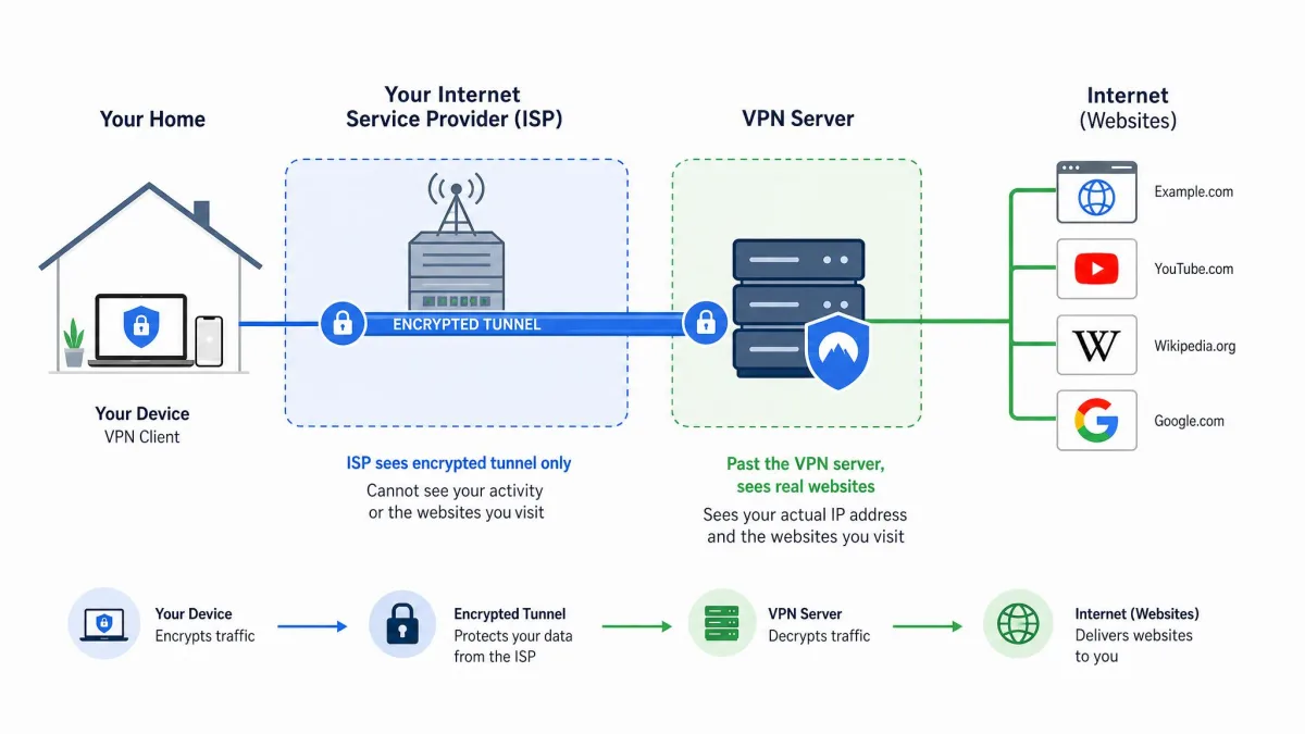 Diagram showing a home device connecting through an ISP to a VPN server, with the ISP segment labeled "sees encrypted tunnel only" and the segment past the VPN server labeled "sees real websites."