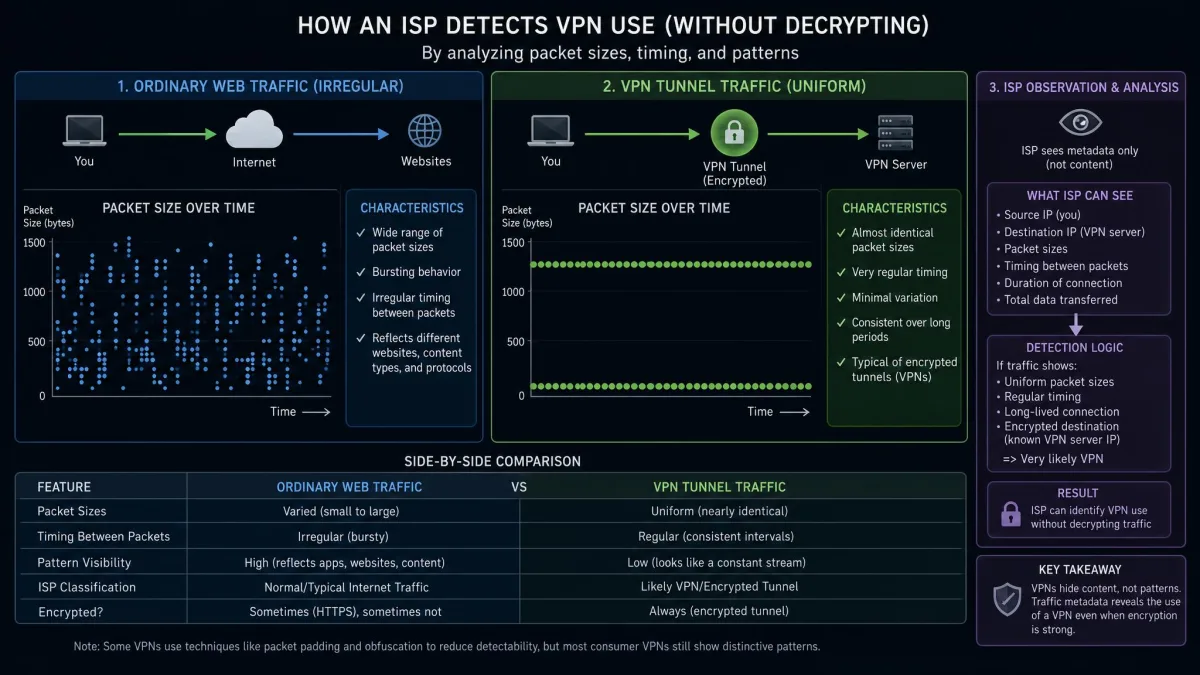 Network-analysis view contrasting irregular ordinary web traffic with the uniform packet sizes and timing of a VPN tunnel, illustrating how an ISP detects VPN use without decrypting it.