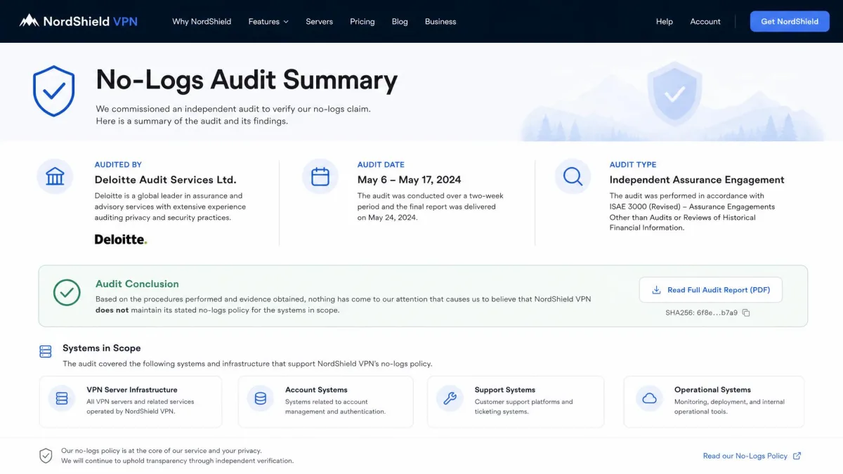 A VPN provider's no-logs audit summary page showing the name of the auditing firm, the audit date, and the scope of systems reviewed, illustrating what a credible verified claim looks like.
