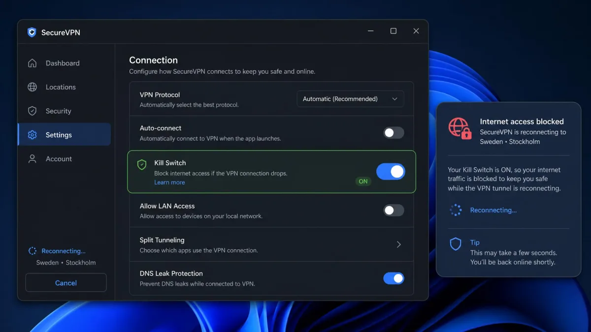 A VPN desktop app's connection settings with the kill switch toggle highlighted, alongside an on-screen note showing internet access blocked while the tunnel is reconnecting.