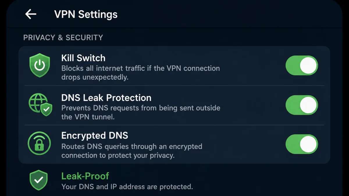 Close-up of a VPN app's settings screen with the kill switch, DNS leak protection, and encrypted DNS options all toggled on, illustrating a leak-proof configuration.